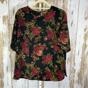 BonWorth, Elegant Black and Pink Floral Vintage Blouse. Size Medium.